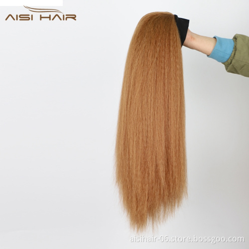 Aisi Hair Light Brown Glueless 26'' Cheap Straight Yaki Synthetic Attached Wholesale Grip For Black Women Headband Wig